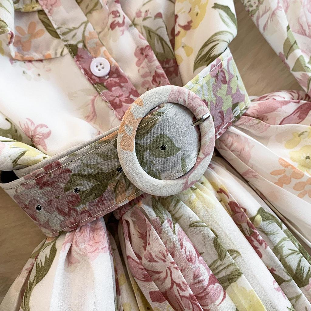 Romantic French Chiffon Print Ruffled Dress with Cinched Waist and Pleated Wide Hem