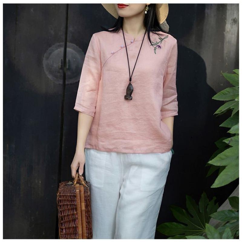 

Женская блузка из смесовой льняной ткани с вышивкой, с рукавом три четверти, свободный повседневный топ L розовый