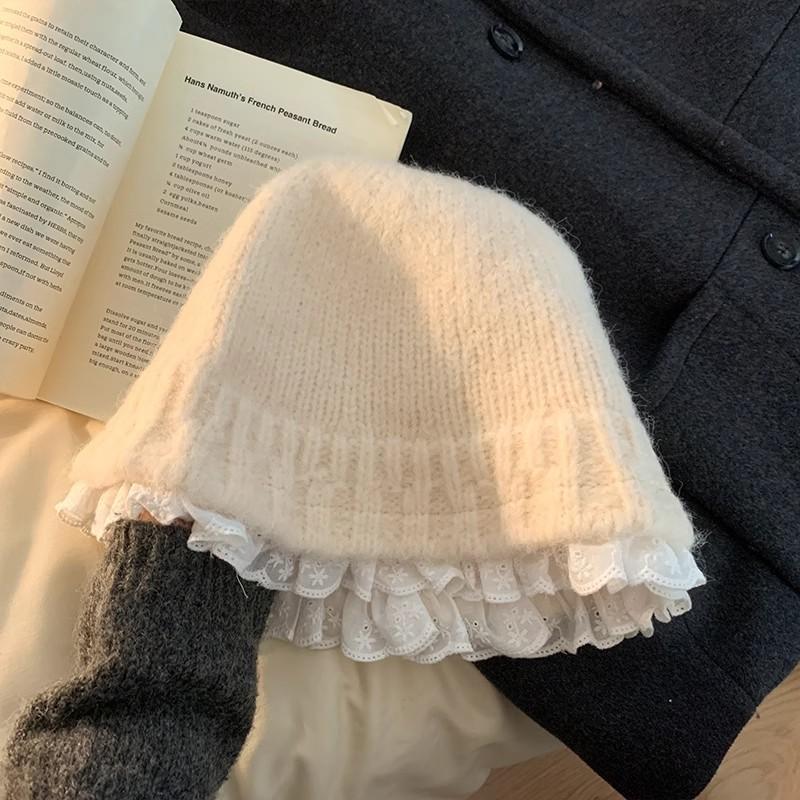Lazy wind lace knitted bucket hat women's autumn and winter versatile thermal basin hat showing face small wool hat