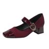 Leopard Print Cashmere Patchwork Square Toe Chunky Heel Mary Jane Shoes with Ankle Strap for Women - Spring/Autumn Retro Style.