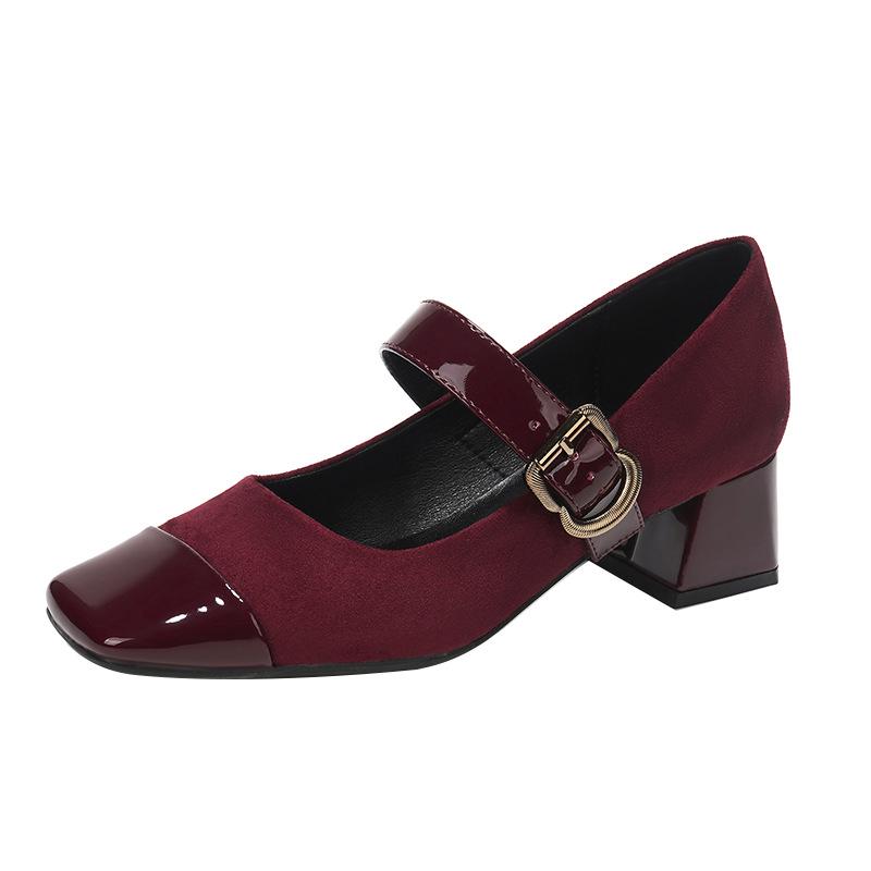 Leopard Print Cashmere Patchwork Square Toe Chunky Heel Mary Jane Shoes with Ankle Strap for Women - Spring/Autumn Retro Style.