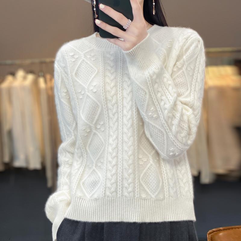 Women's Round Neck Knit Sweater - Cozy Autumn/Winter Pullover Wool Base Layer Top