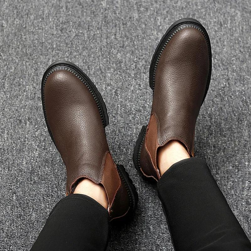 Chelsea Boots Men outdoor Handmade Business Black Red Slip on Flock genuine leather Boots Sapato Masculino plush Men snow Boots