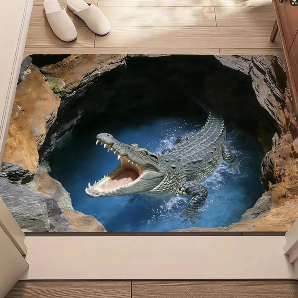 2D Print Crocodile Door Mat Cave Water Design Welcome Entrance Rug Pranks Visual Illusion Soft Non-Slip Doorway Decorative Mat