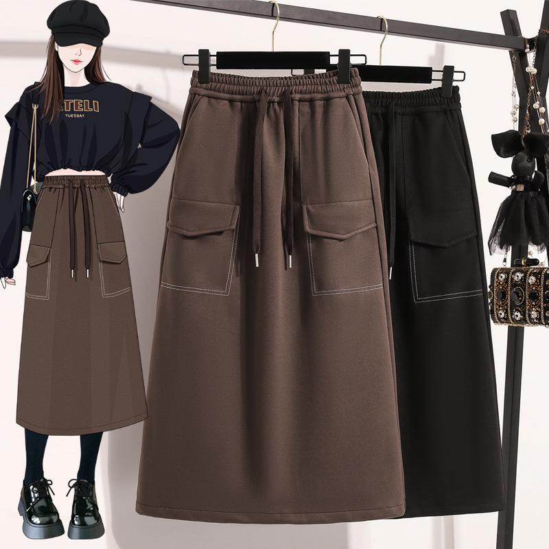 

Autumn/Winter High-Waist Plus Size Wool A-line Skirt - Mid-length, Thickened, Hip-Covering Umbrella Design 5XL чорний
