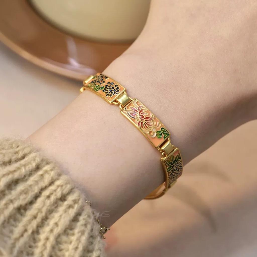 Real Gold Ancient Enameled Flower Bracelet Retro Temperament National Trend Women's Bracelet Hand Jewelry