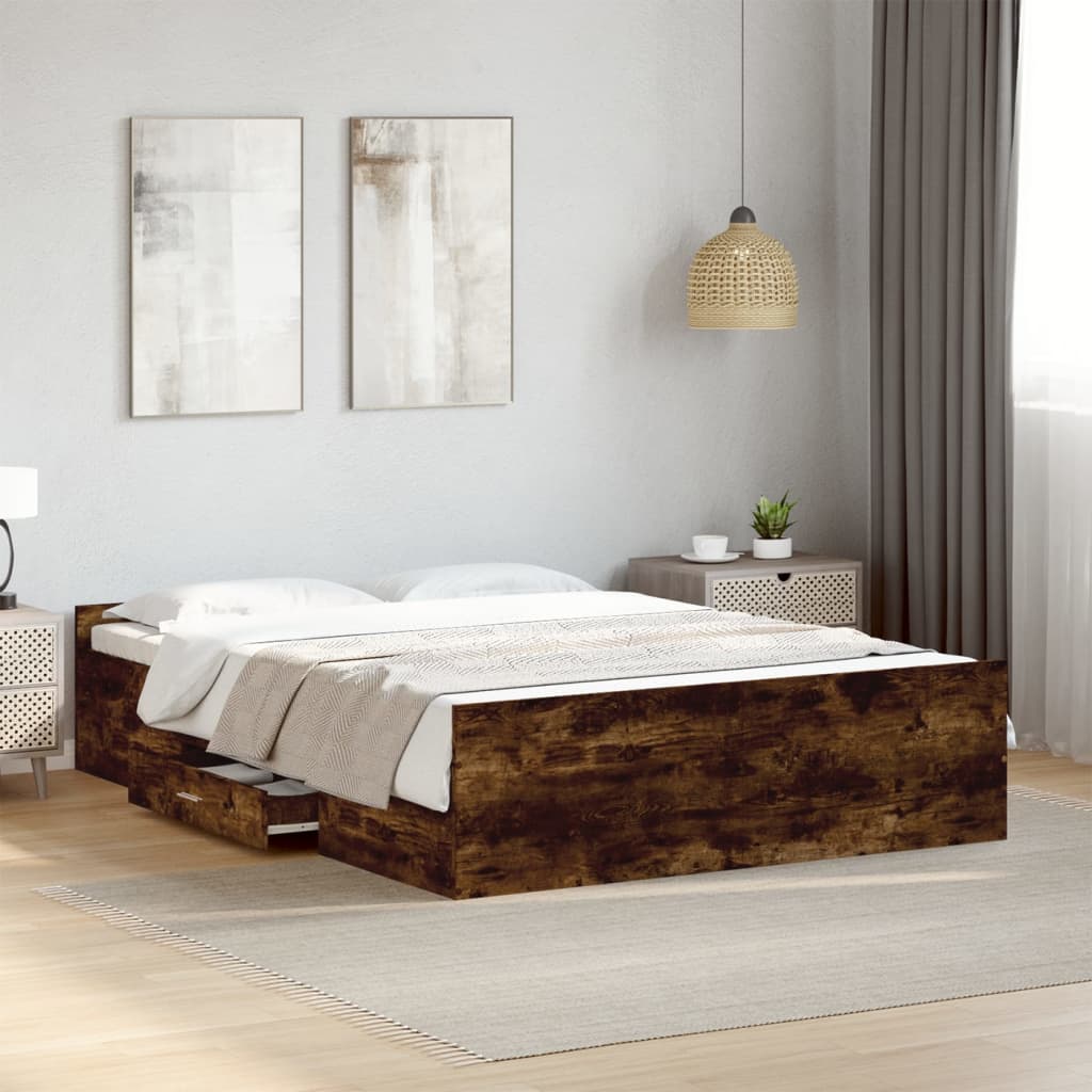 Bed Frame with Drawers Smoked Oak 140 X 190 Cm Wood Based Material