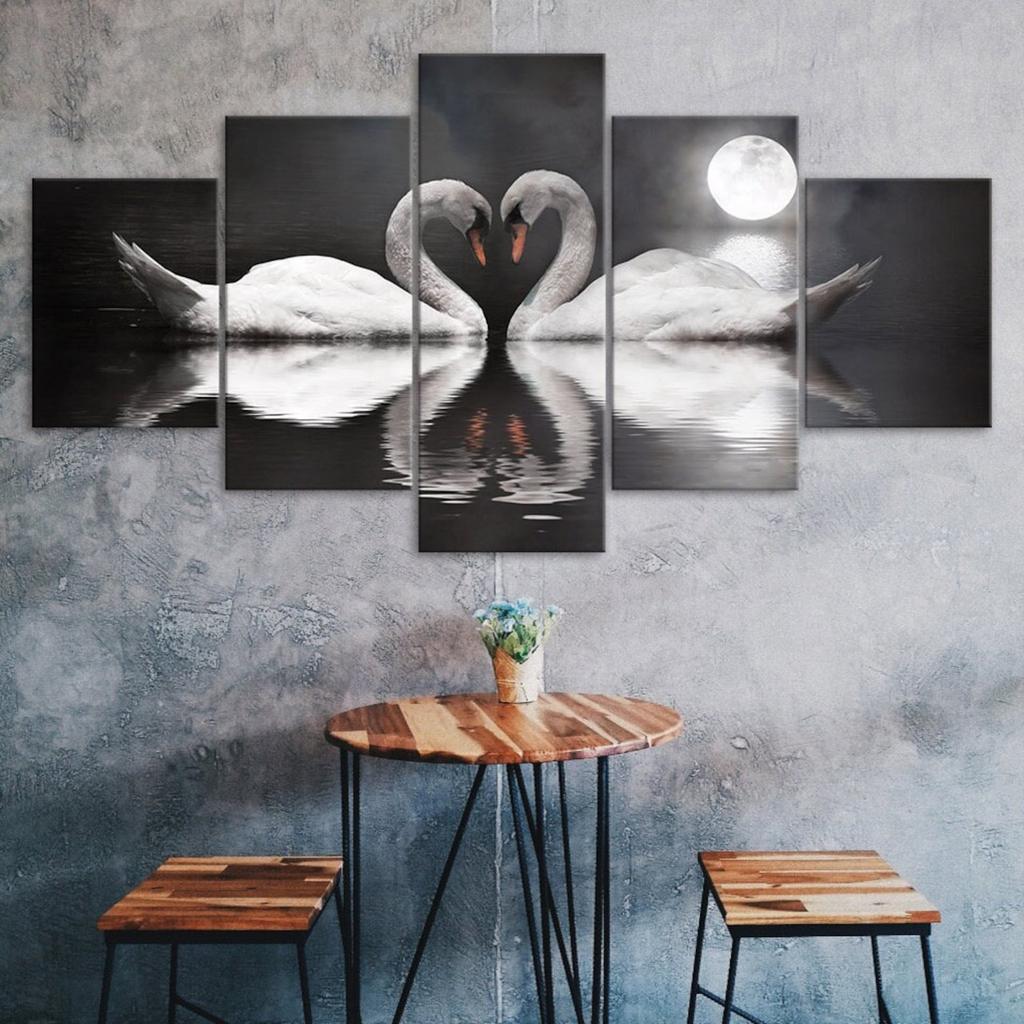 Liebespaar Schwäne Vollmond Landschaft 5-teilige Leinwand Wandkunst Mehrteiliger Druck Modernes Poster Heimdeko Bild Geschenk Für Ihn Für Sie