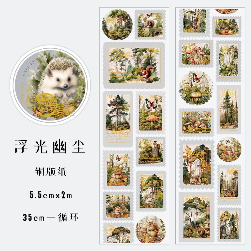 5.5*200cm Vintage Postal Stamps Tape, Gold Embossed Scrapbooking Supplies, Decorative Phone Background Sticker