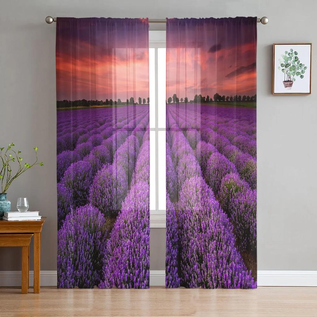 Purple Lavender Green Leaves Plant Field Tulle Sheer Curtains for Living Room Bedroom Decor Window Curtain Voile Organza Drapes