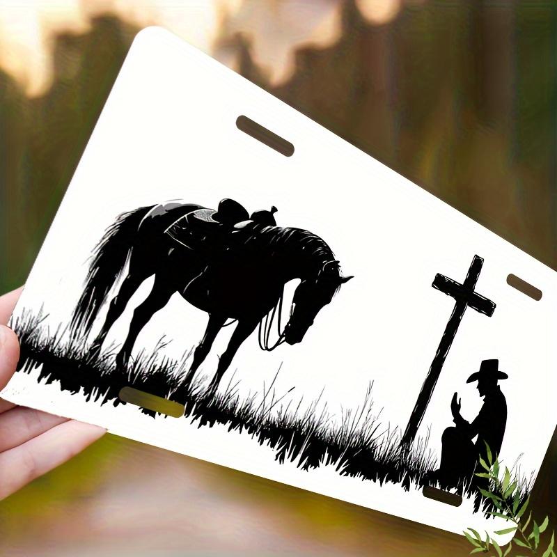 AL Sign Vintage Durable Metal Plaque Wall Decor Cowboy Prayer Cross Horse Western Wall Art 15x30cm(5.9x7.8inch)