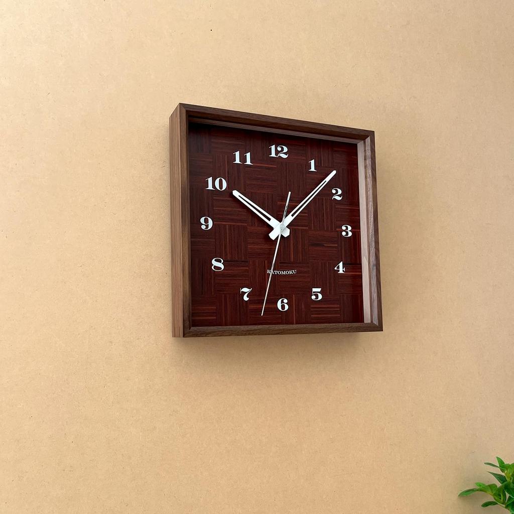 KATOMOKU muku square clock km-144WARC, walnut wood wall clock with continuous second hand (radio-controlled clock)