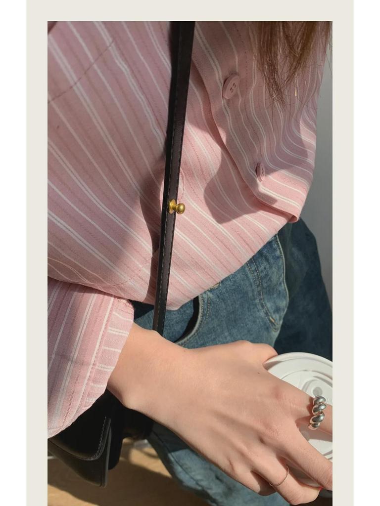 2024 French Style Blue & Pink Striped Long-Sleeve Shirt - Niche Casual Design