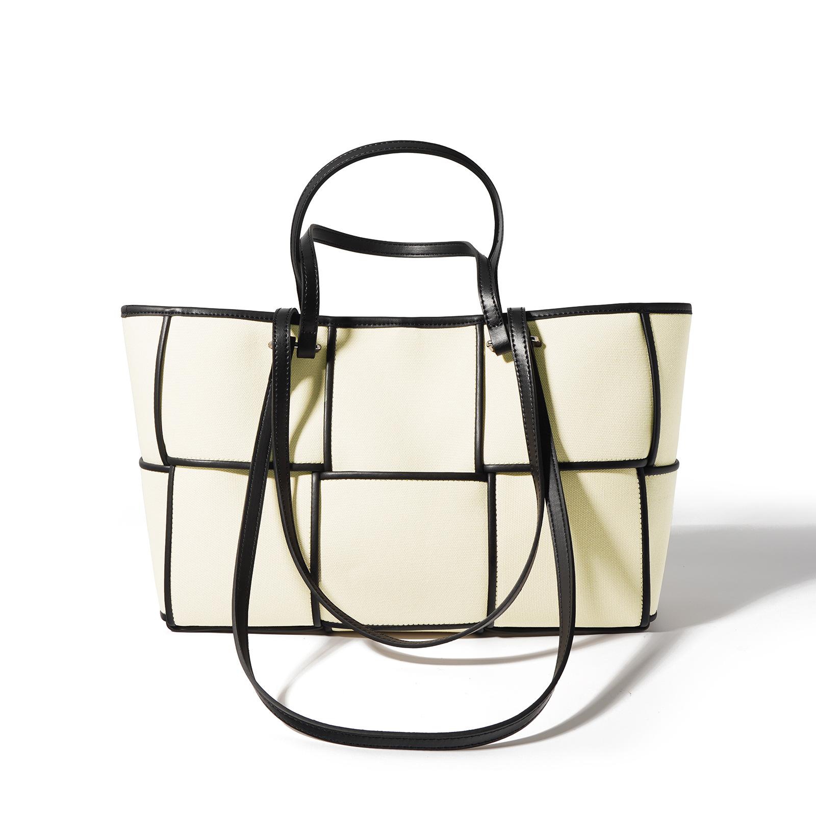 

[] Simple woven bag large-capacity commuter tote bag cowhide canvas shoulder portable large bag