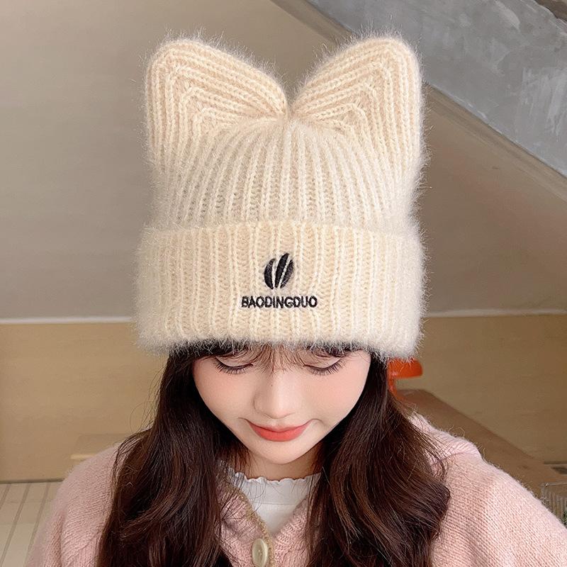 Japanese Cute Woolen Hat for Women in Autumn and Winter Fashion Versatile Ear Protection Pullover Hat Big Head Circumference Cat Ear Knitted Hat