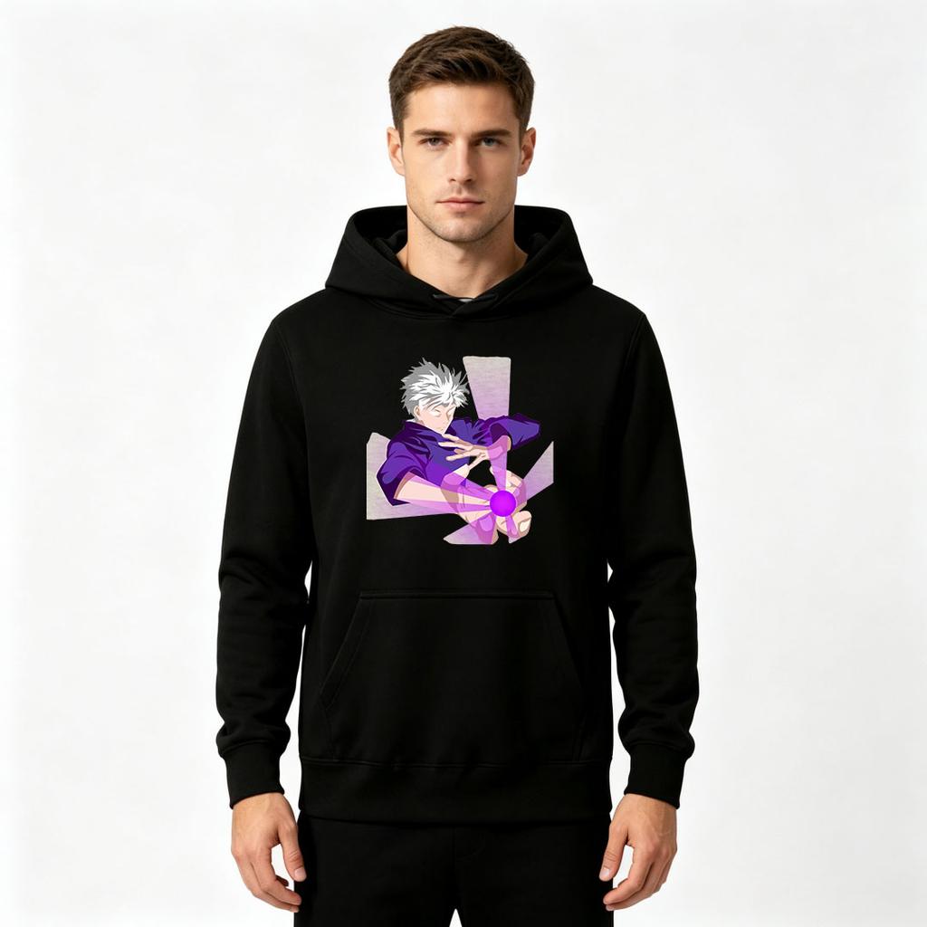 Men Anime Printed Pullover Hoodie, Casual Long Sleeve Streetwear Hooded Sweatshirt with Gojo Character Purple Energy Print