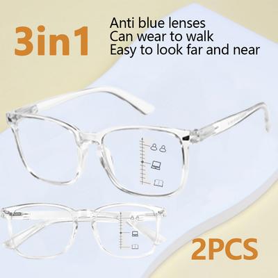 2pcs 3-in-1 Progressive Multifocal Reading Glasses Fashionable Womens Prescription Eyewear With Blue Light Blocking
