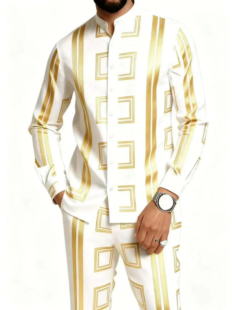 Spot TEMU Casual African Glossy Print Men's Ethnic Long-sleeved Trousers Set 2-piece Set