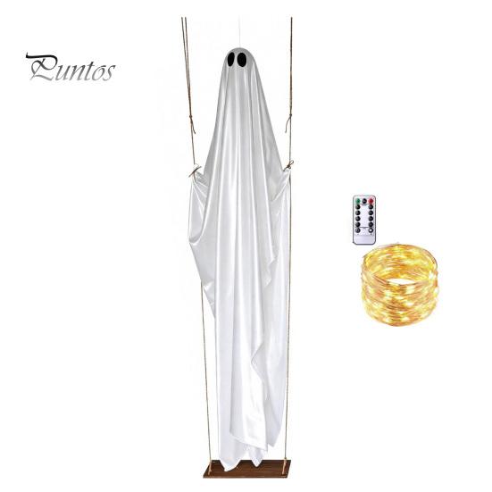 Hanging Ghost Decor Swinging Halloween Decoration, LED Light Up Large Spooky Weighted Fabric with Remote Control for Outside Garden Yard Porch