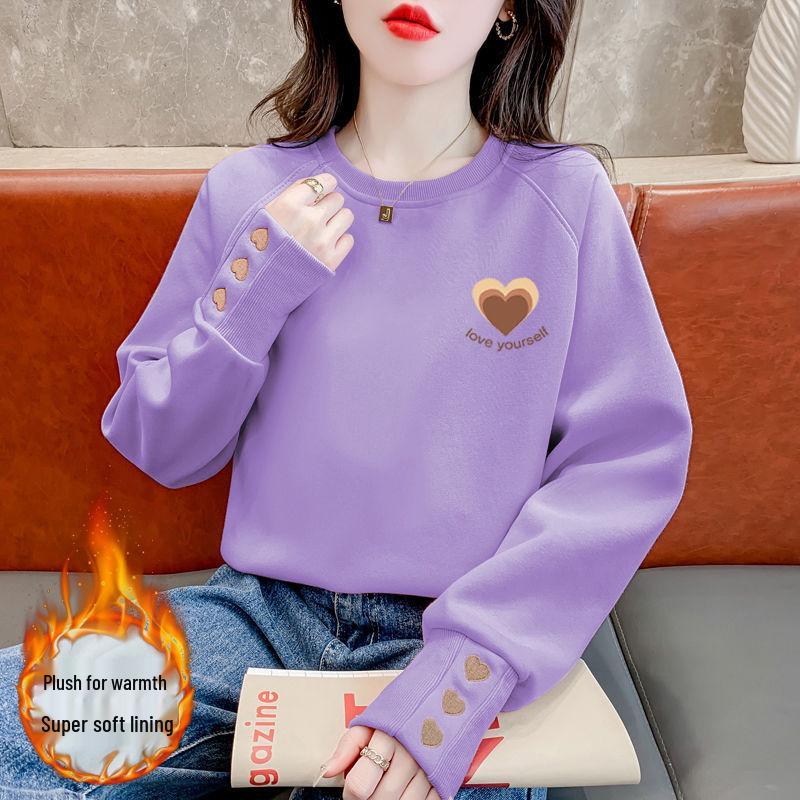 

Женский свободный свитшот на флисовой подкладке: Осень/Зима 2024, Универсальный повседневный пуловер с круглым вырезом, Доступны большие размеры L