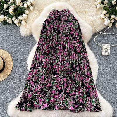 Women's French Retro Printed Half Skirt High-waisted Slimming Pleated Skirt with A Good Drape