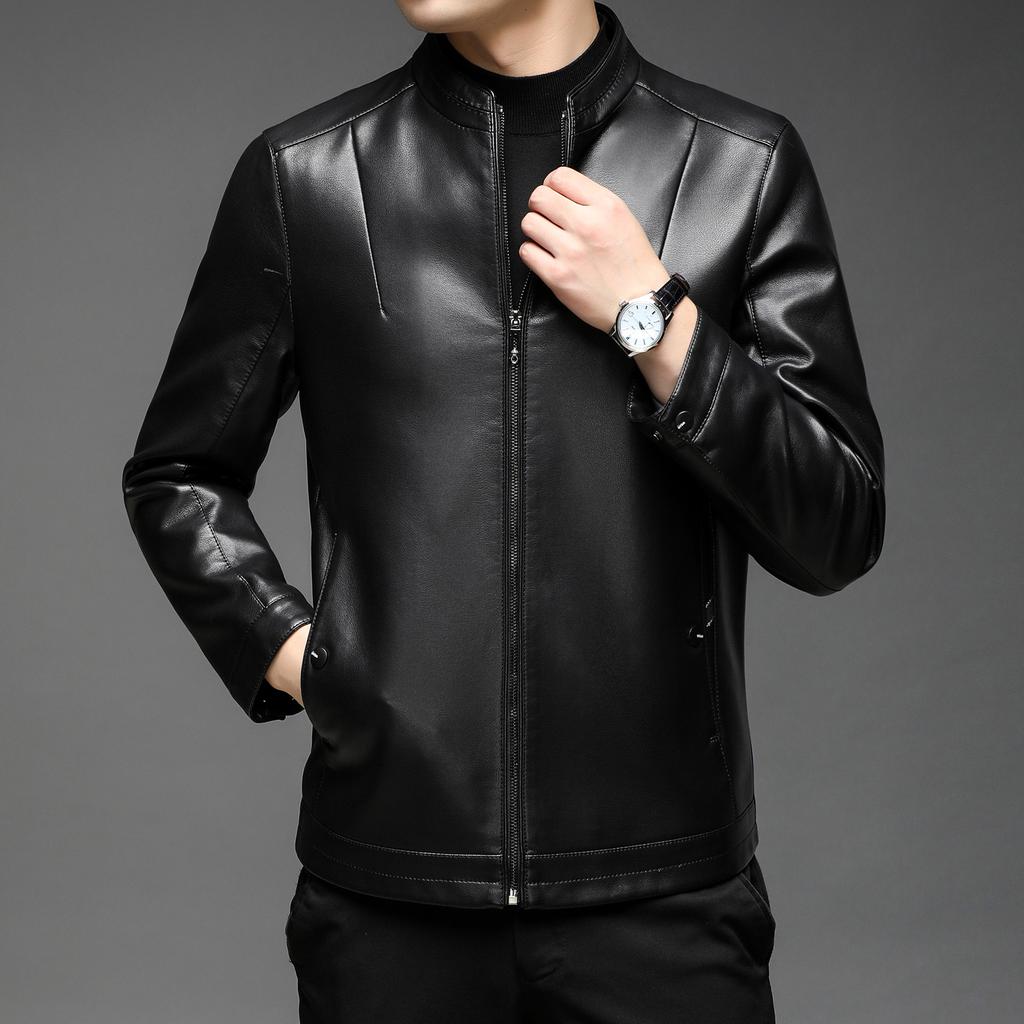 Men's Stand Collar Leather Jacket Autumn and Winter New Velvet Men's Leather Jacket PU Middle-aged Leather Jacket Men's Clothing
