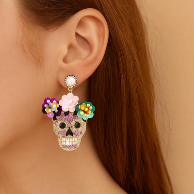 Flower Zircon Encrusted Skull Earrings Rhinestone Glitter Skeleton Stud Earrings  Autumn