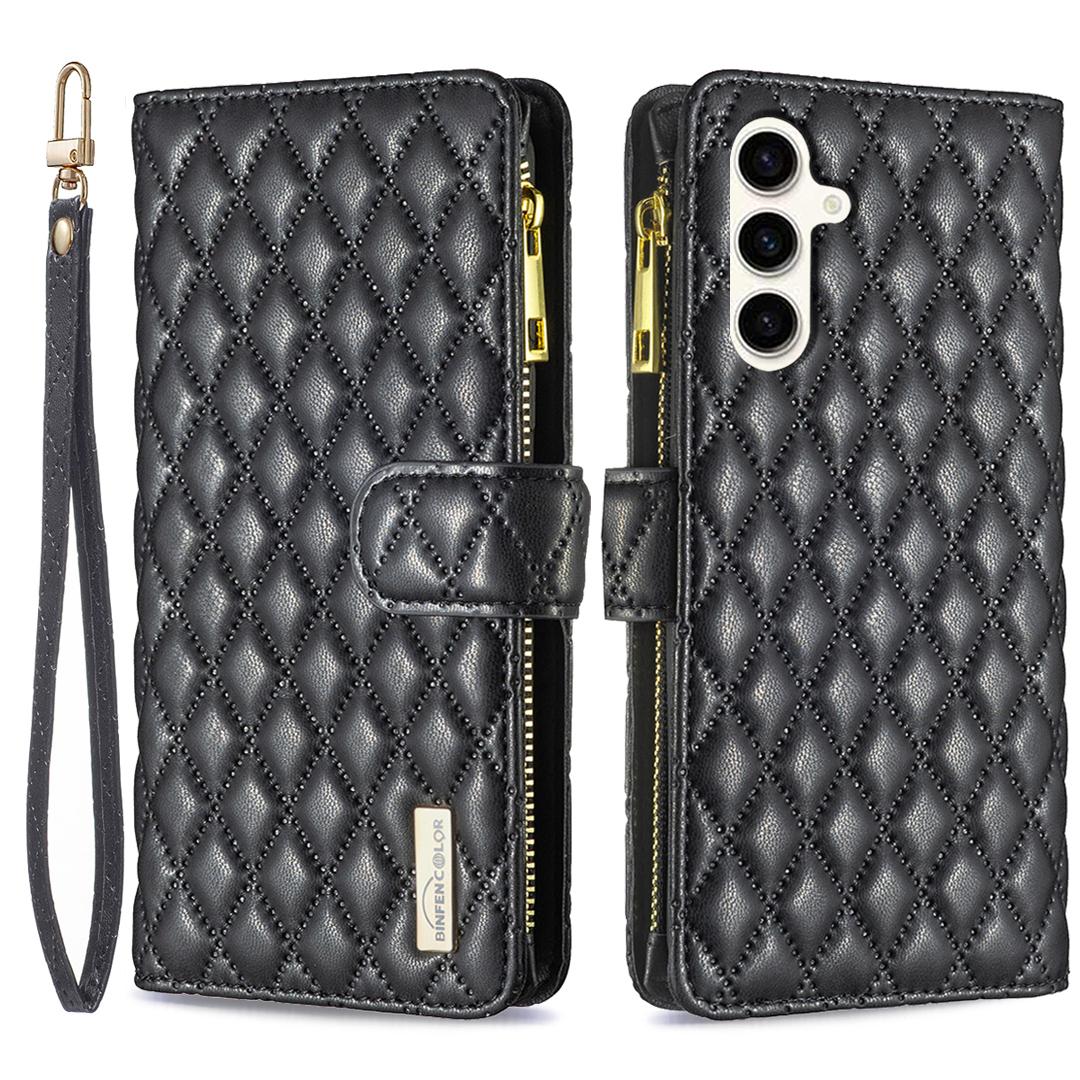 

BINFEN COLOR BF Style-15 Для Samsung Galaxy S23 FE Кожаный чехол-кошелек с карманом на молнии и подставкой Black