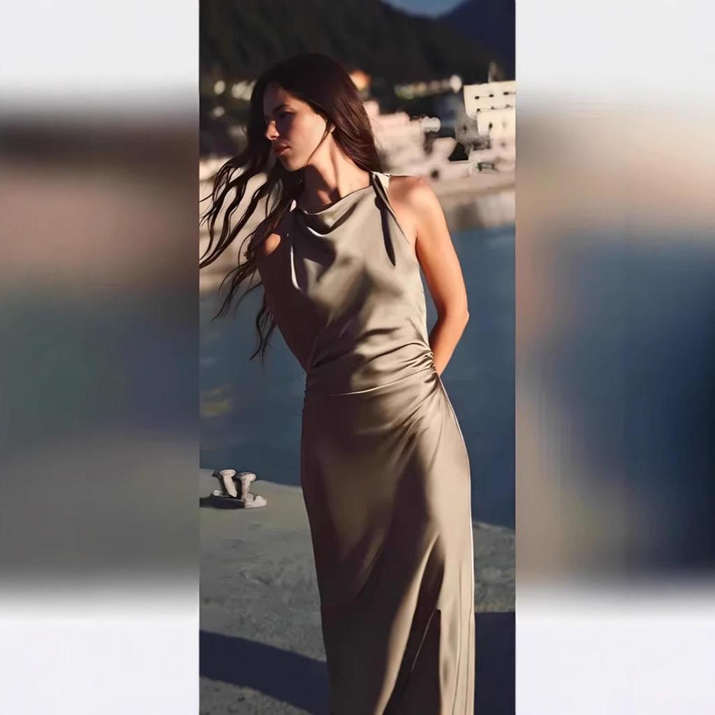 European and American Women's Satin Mid-length Dress with Ruched Waist and Cowl Neck.