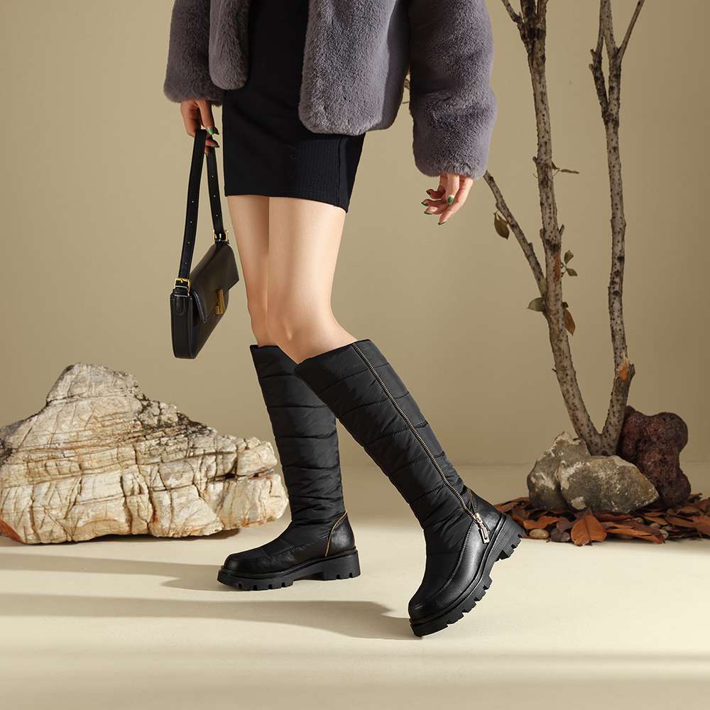 Krazing Pot PU Down Boots Cold-resistant Winter Shoes Med Heels Size 44 Super Size Snow Boots Zipper Round Toe Keep Warm Thigh High Boots