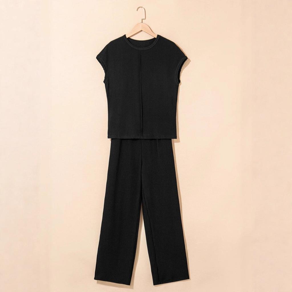 Damen Entspannter Zweiteiler Outfit Kurzarm Oberteil Kordelzug Taille Weiter Bein Passendes Set