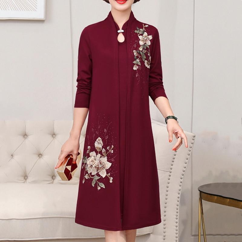 Embroidered Women's Dress Set Spring Autumn Collection Fashionable Mom Dress Jacket