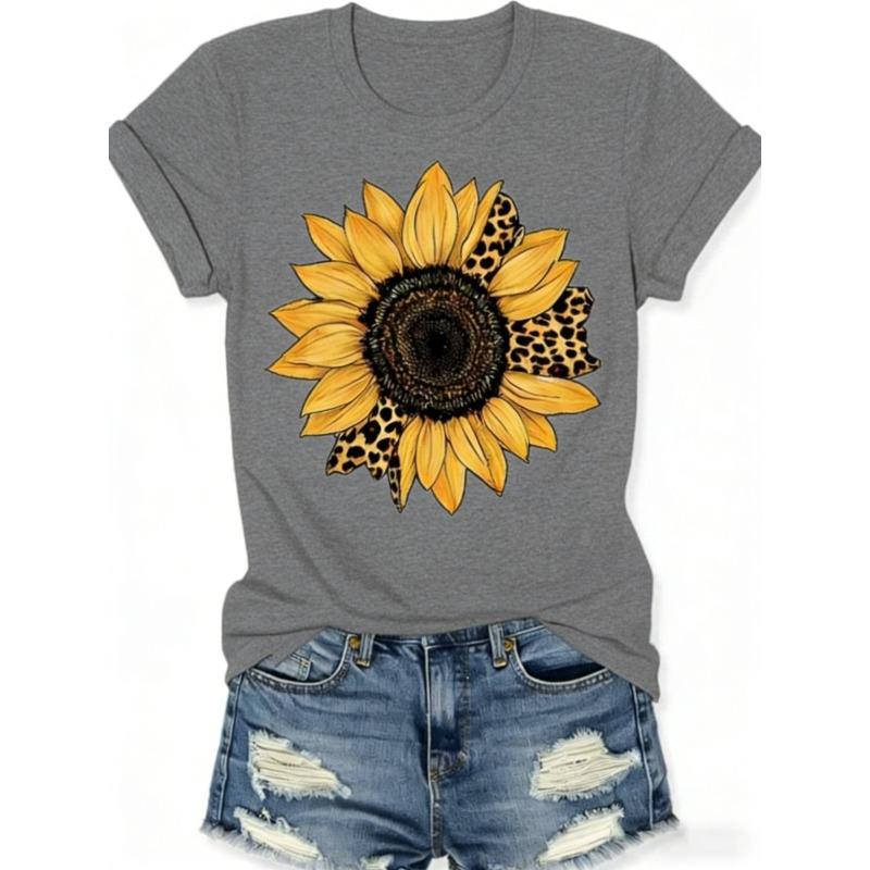 Women'S Summer Black Round Neck Short Sleeve T-Shirt Featuring A Sunflower Leopard Print, A Breathable Casual Design Perfect for Home,