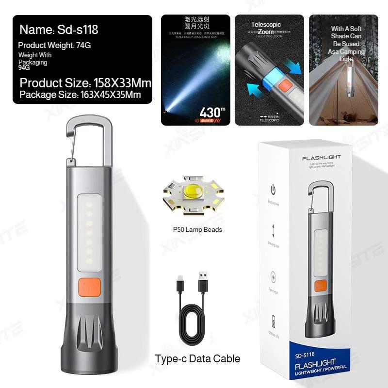 High-intensity flashlight, long-range outdoor long-lasting flashlight, portable mini zoom light, side light warning