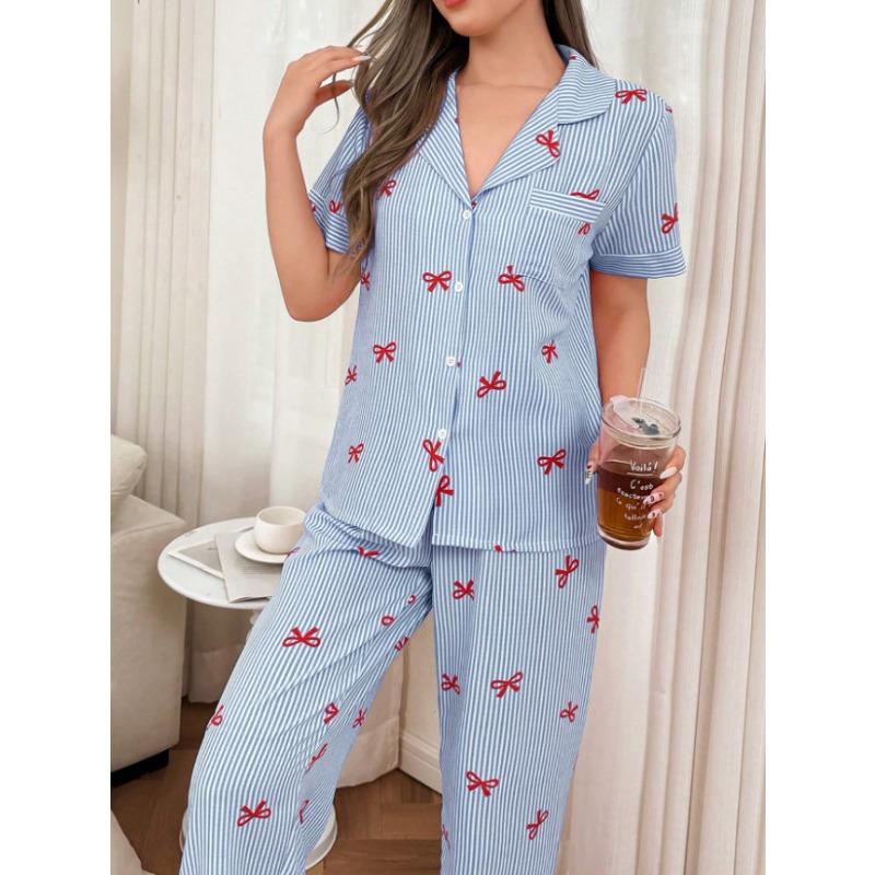 Women Striped Bow Turn Down Collar Short Sleeve Long Pants Two Piece Pajama Loungewear Set