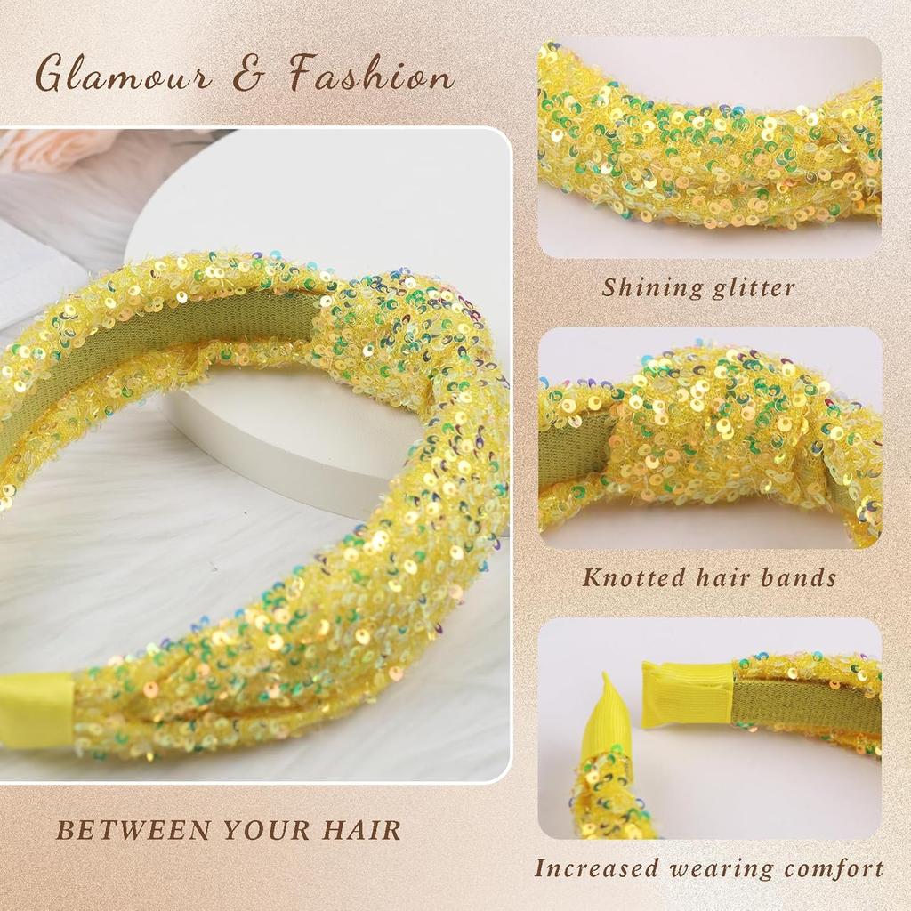 Yellow Glitter Knotted Headband Summer Knot Hair Bands Fashion Sequin Hair Hoop Women Girls Hair Accessories for Summer Theme Birthday Wedding Party