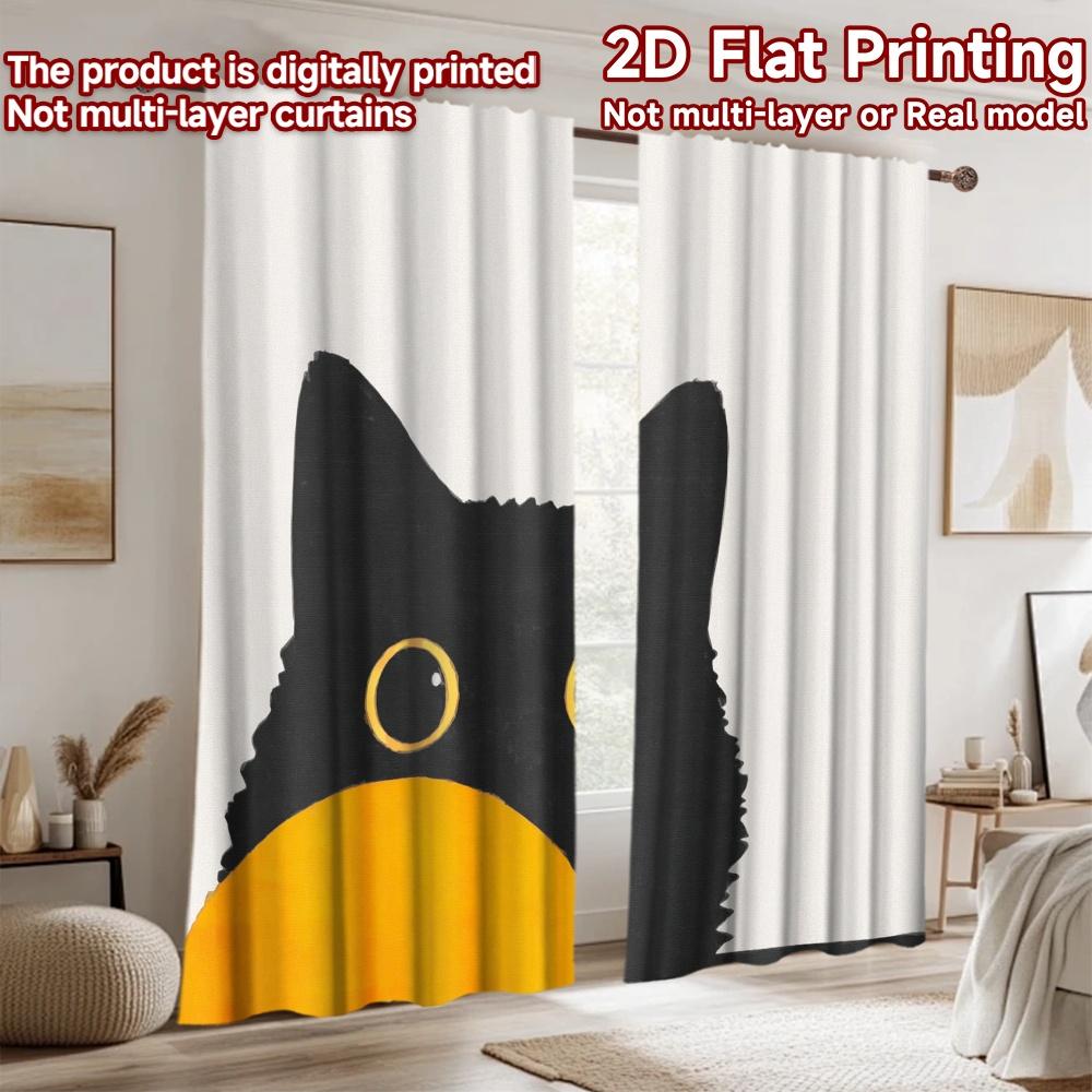 2D flat printing 2pcs Curtain Cute Black Cat Peeking Digital Printed Polyester Drapes Birthday Party Use for Holiday Parties