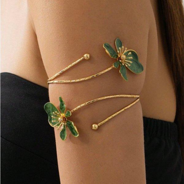 Elegant Sexy Floral Open Cuff Armlet for Women Bracelet Vintage Enamel Glaze Craft Flower Open Arm Ring Party Jewelry Gift