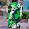 Women Plus Size V Neck Long Sleeve Shamrock Printed Dark Green Fitted Straight Dress