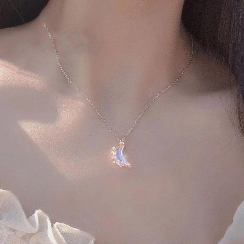 925 Sterling Silver Link Chain Moonstone Moon Charm Necklace Pendant Statement Jewelry For Women Wedding Choker dz299
