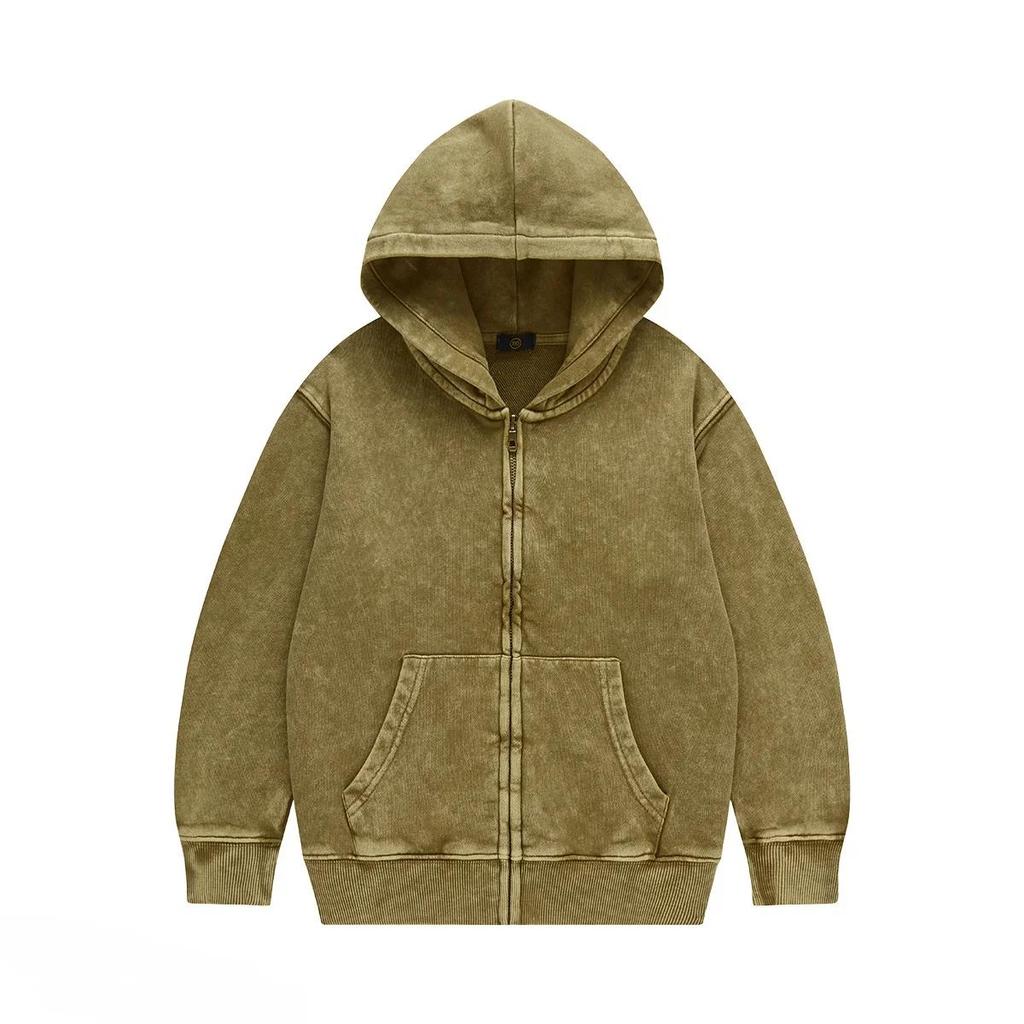 Odzież wierzchnia dla dzieci 2025 Jesień Modne Cool 350G Bawełna frotte Vintage Bluzy z kapturem na zamek Chłopcy Dziewczynki Casual Sportowe Topy Ubrania dla dzieci