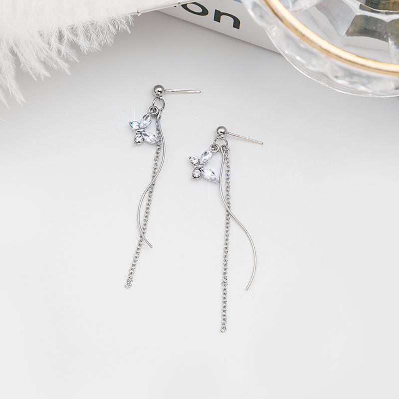925 Silver Crystal Butterfly Chain Tassel Earrings