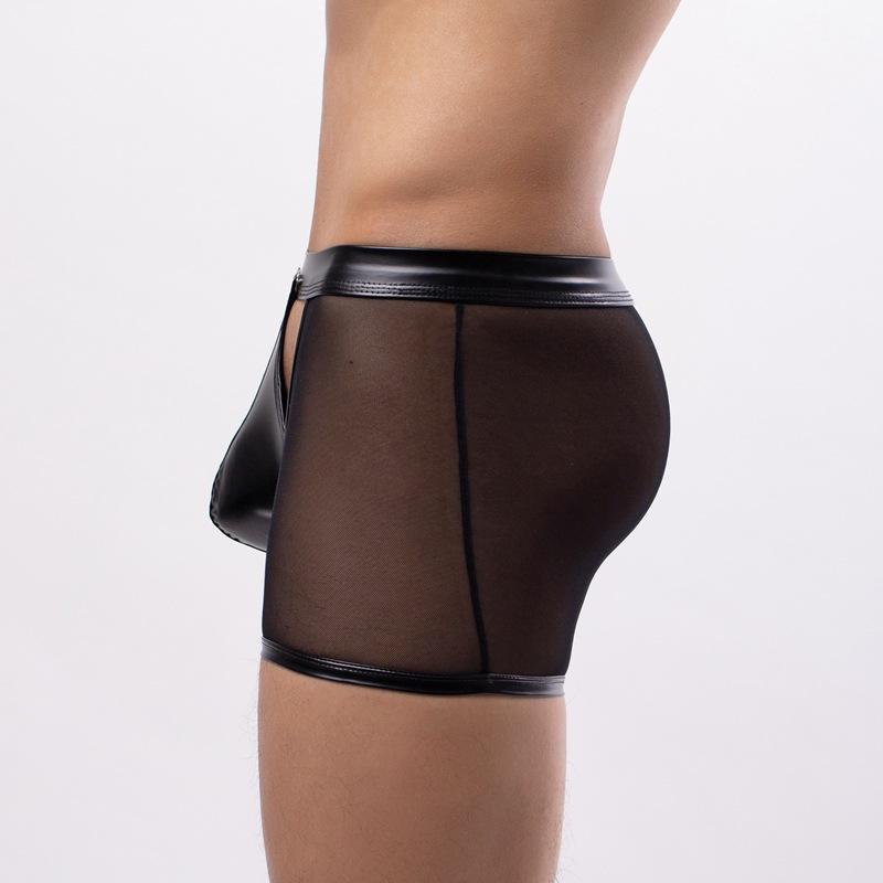 Low Waist Hollow Out Erotic Lingerie Sexy Mens Underwear Man Clothing Patent Leather Red Sheer Mesh Pouch Low Waist Briefs