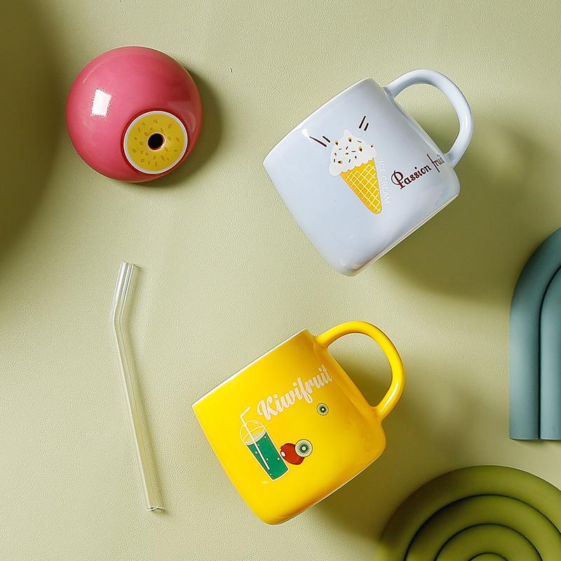 Creative Mugs Ins Fresh Fruit Ceramic Cups Office Home Large Capacity Straw Cups  Souvenir Cups