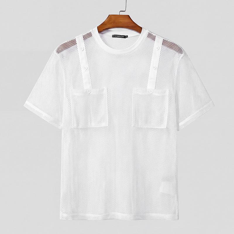 INCERUN Übergroße Sommer Herren O-Ausschnitt Kurzarm Netz Durchsichtig Ausgeschnitten T-Shirts Tops S weiß