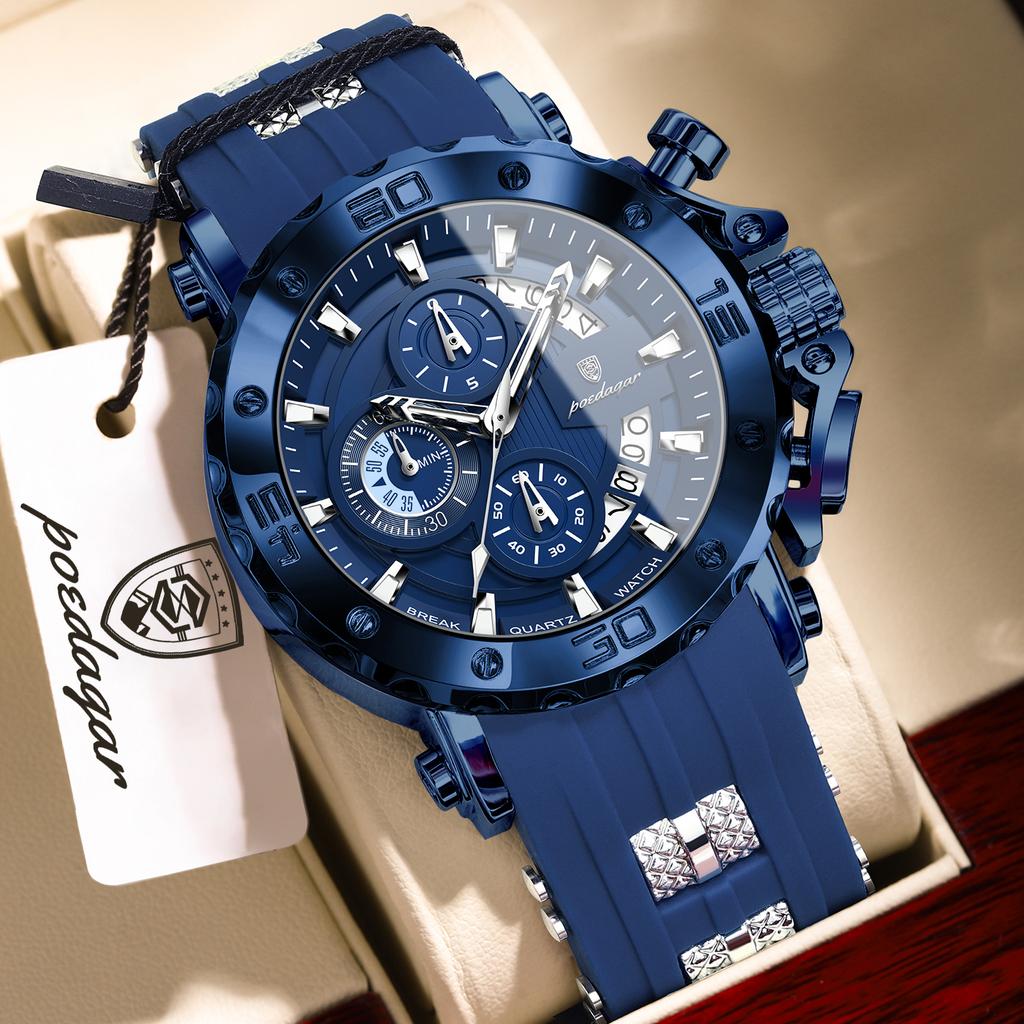 POEDAGAR Top Sport Man Watch Chronograph Waterproof Luminous Fashion Men Clock Date Silicone Strap Quartz Military Men's Watches