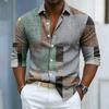 Men's Collar Long Sleeved Shirt with Color Block Splicing and Geometric Printing, Casual Loose Fit Shirt Suitable for Street and