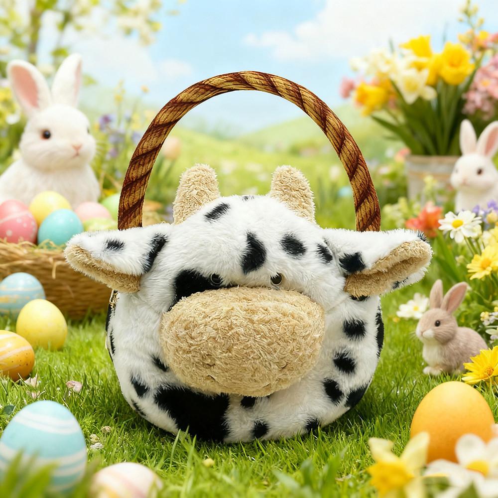 Cow Easter Basket Plush Toy With Pp Cotton For Holiday Gift And Decor