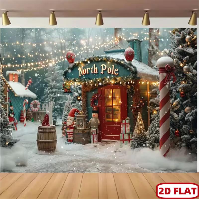 2D North Pole Christmas Town Backdrop Snowy Scene Photography Background 47.2x31.5inch/120*80cm