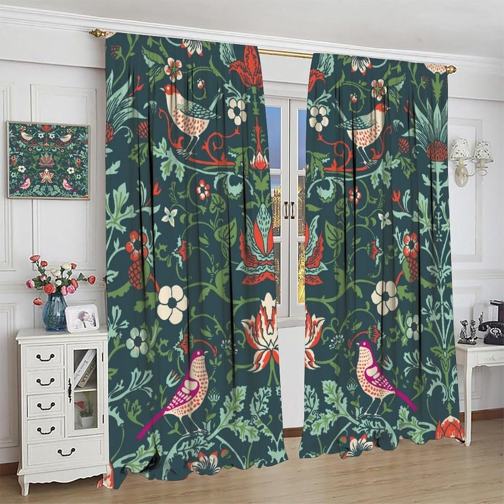 Farmhouse Rustic William Morris Curtains Botanical Floral Bird Retro Pattern Window Treatments Living Room Bedroo Curtain Blackout Polyester Ideal For